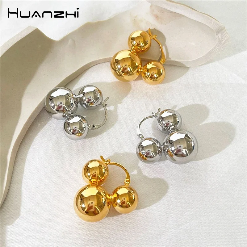 HUANZHI New 3 Beads Round Balls Gold Plated Earrings for Women Girls Light Luxury Fashion Chic Design Daily Party Jewelry Gifts