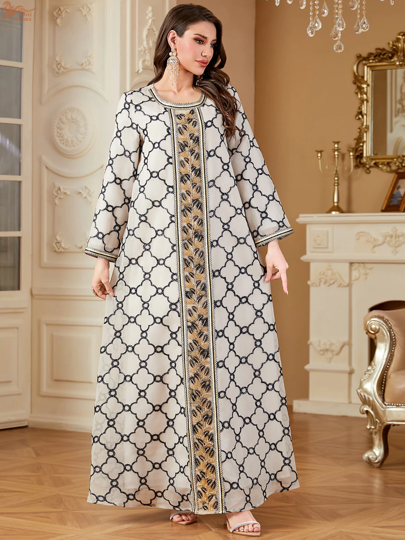 Uni Marokkaanse Vrouwen Bloemen Borduren Guipure Jurk O-hals Maxi Abaya Moslim Luxe Vrouwen Abaya