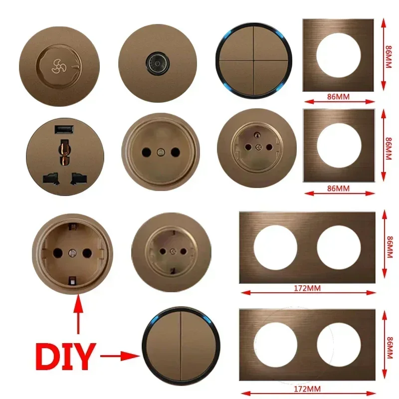 High quality coffee color universal Retro Eu FR 220V wall light switch,Reset button switch electrical socket with LED indicator - Image 6