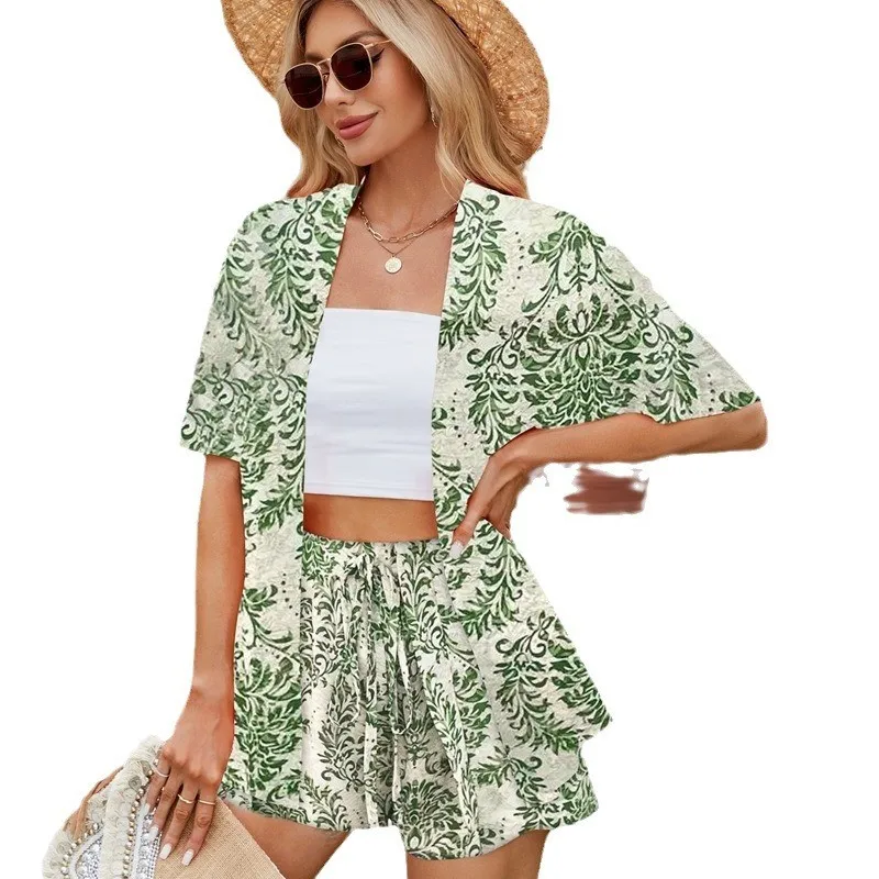 Fashion Vacation Set 2025 Women's New Floral Print Short Sleeved Cardigan Shirt Top Elastic Waist Shorts Two Piece Set Outfits