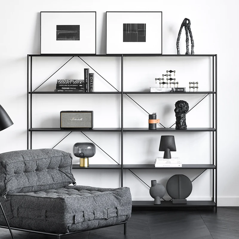 Customized Nordic Light Luxury Black Shelf with Iron Art Floor to Floor Multi story Display Shelf Extreme Shelf Living