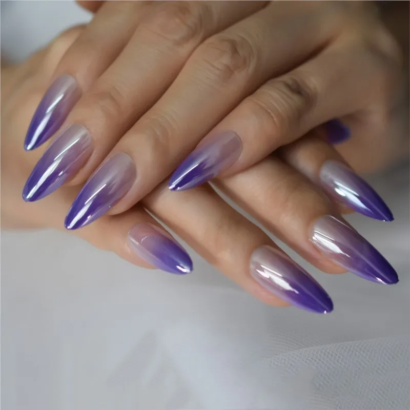 Faux ongles de longueur moyenne, violet brillant, couleur chair ombré, n64, nail art, couleur amande chromée, magnifique nickel é, couverture complète