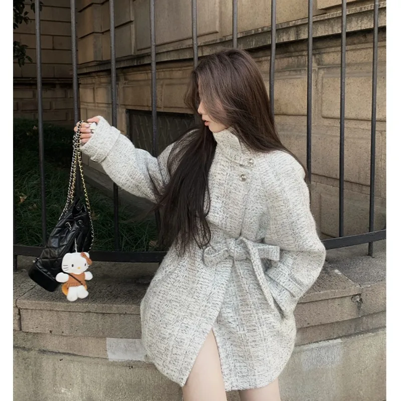 

Korean Style Small Fragrant Wind Woolen Cape Jacket Medium Length Autumn and Winter New Lace Up Coat for Women Clothing