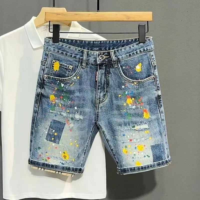 Men's Short Jeans Pants Graffiti Slim Blue Ripped Male Denim Shorts Rude Retro Summer Thin Stretch Korean Fashion Streetwear Xl