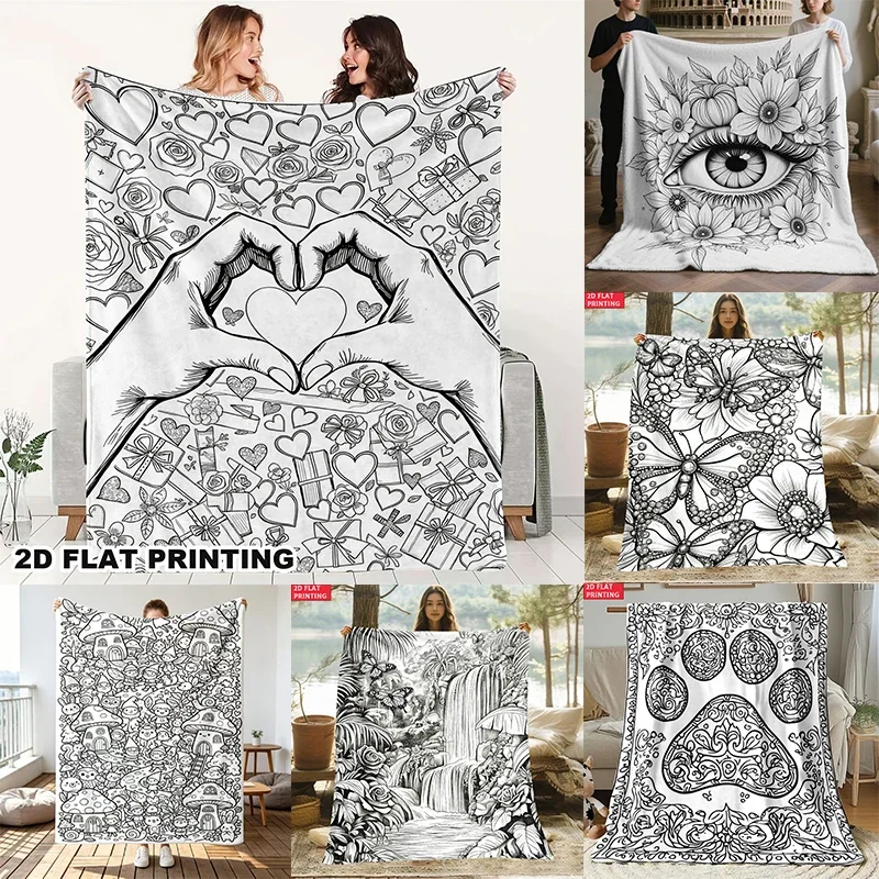 Black White Line Art Throw Blanket  Multiple Sketch Pattern Collection Hand Heart Floral Nature Decor for Sofa Bedroom Blanket