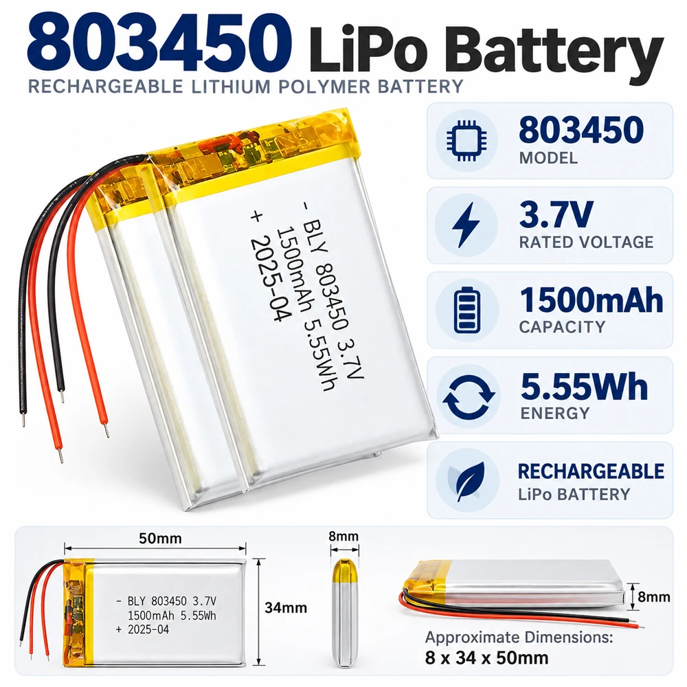 1-100pcs 803450 LiPo Battery 3.7V 1500mAh Rechargeable Lithium Polymer Battery with PCB Protection for DIY Electronics