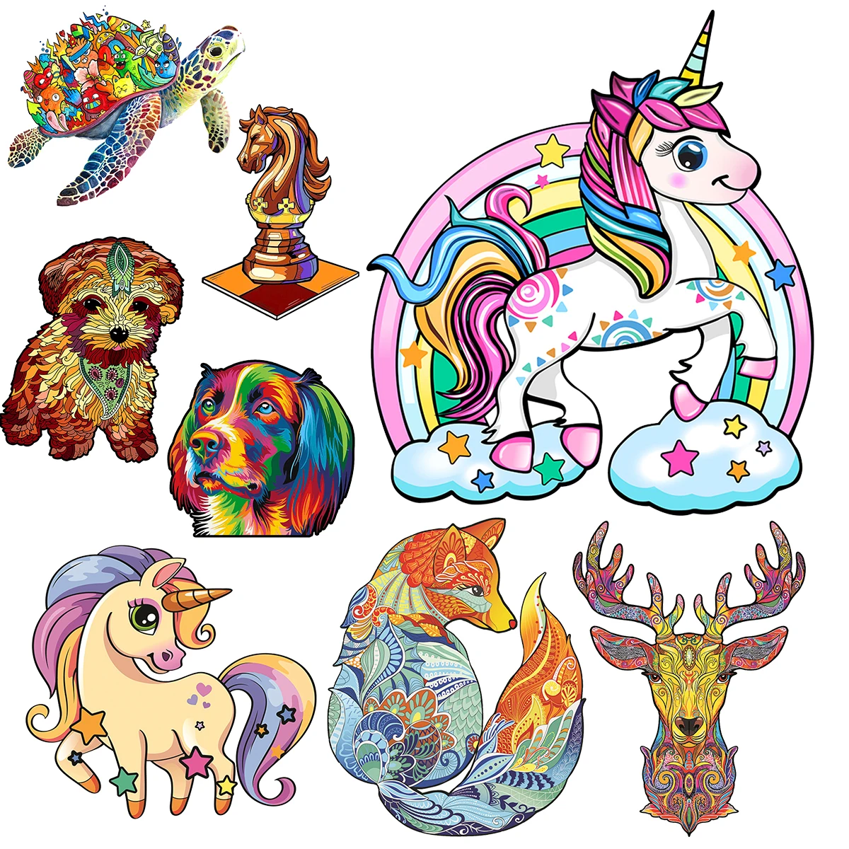 Bonitos rompecabezas de madera para niños y adultos, forma Irregular, juegos de animales, lindo unicornio, zorro colorido, juguete intelectual