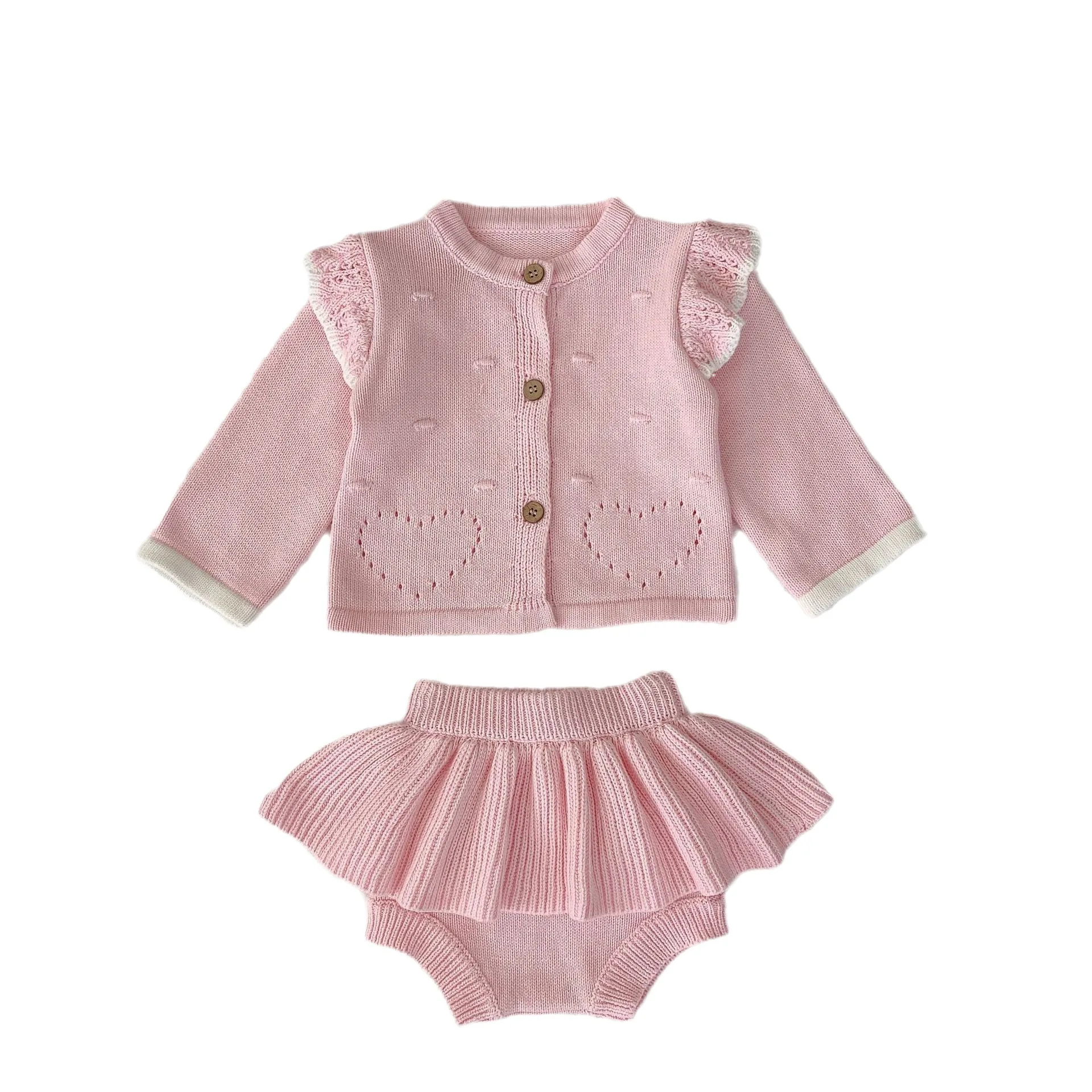 2024 Autumn Infant Baby Girls 2PCS Clothes Set Cotton Knitted Buttons Sweater Coat Ruffle Culottes Suit Toddler Girls Outfits