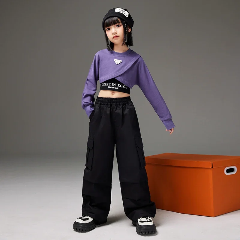 Mädchen Streetwear Outfits Kinder Hip Hop Lila Crop Tops Cargo Hosen Kleidung Sets Kinder Nette Street Dance Jazz Bühne Kostüme
