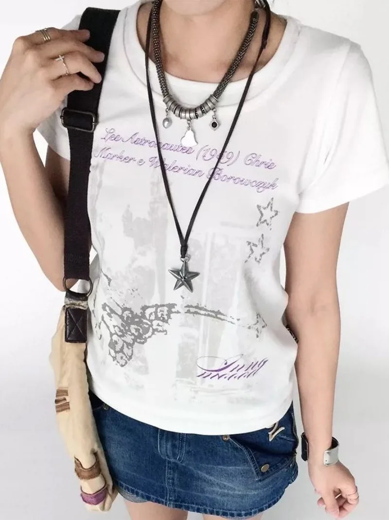 Kimotimo Vintage Letter Printed Short Sleeve T Shirt Women Japanese Y2k Aesthetic Patchwork O-neck Top Punk Casual Harajuku Tees