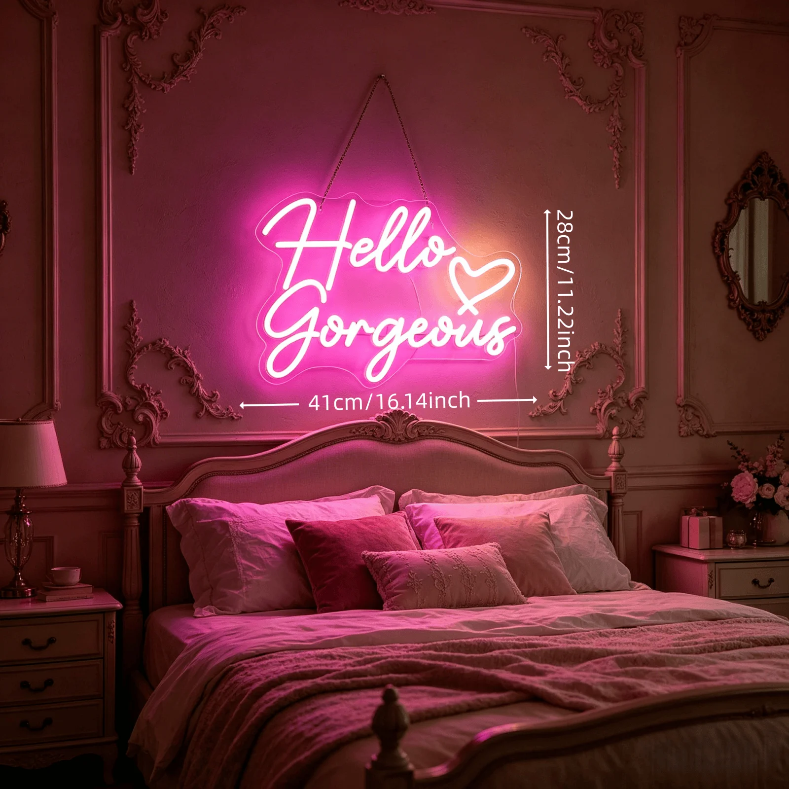 Hello Gorgeous LED Neon Sign with Heart, Neon Light for Girls Bedroom & Vanity Mirror Decor, Birthday Gift for Her, USB Powered