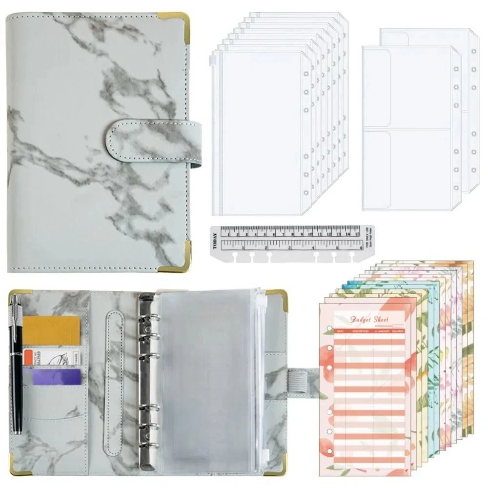 โครงการ Marbling ประหยัดเงิน Binder PU ผู้ถือบัตรออมทรัพย์ความท้าทายหนังสือ Reuseable Money Planner Cash Budget Book ประหยัดเงิน