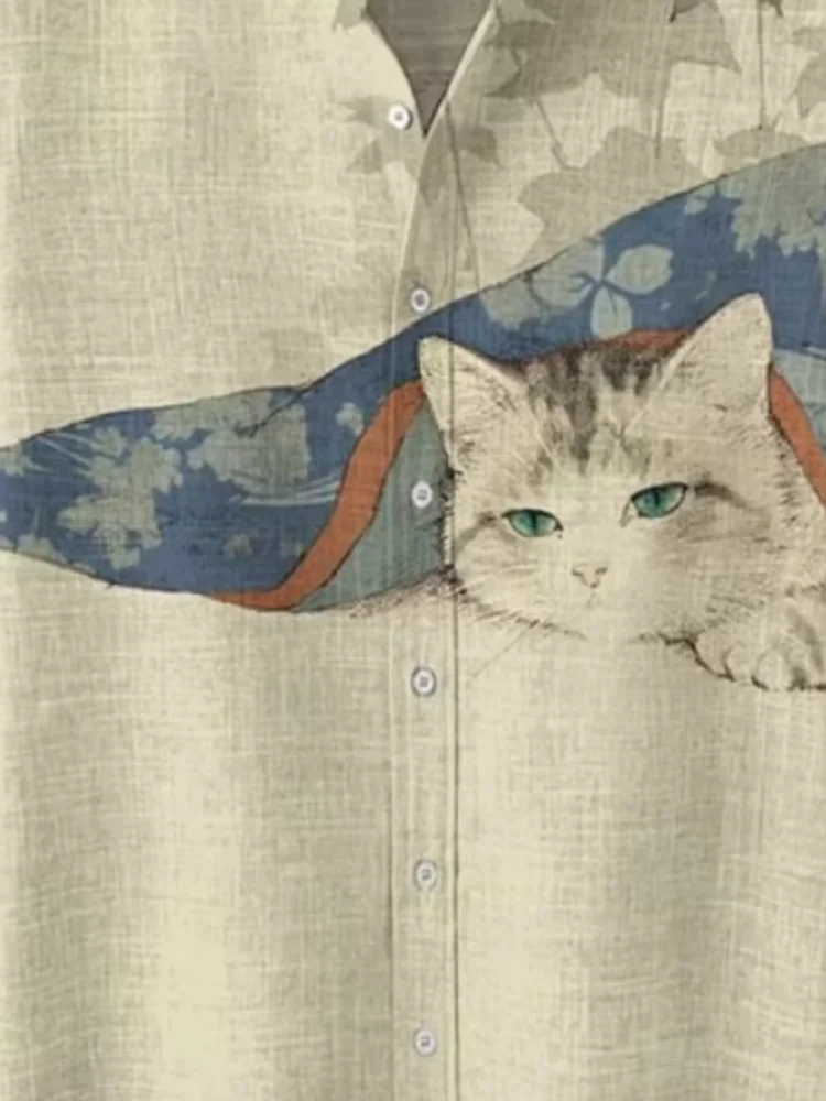 قميص بأكمام قصيرة مطبوع عليه قطة مستوحى من اليابانية قميص كلاسيكي غير رسمي بأزرار سفلية وياقة على شكل طية صدر السترة قمة عصرية للعطلات 2025 تونيك صيفي أنيق