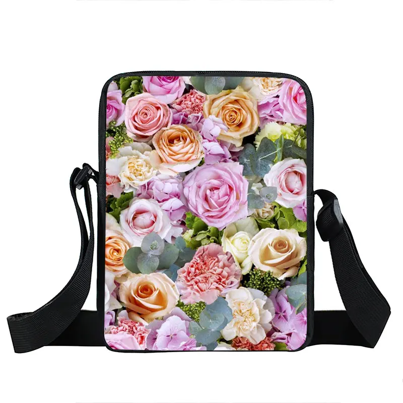 Rose Flower Pattern Print Crossbody Bag Blue Rose Messenger Bags Shoulder Bag School Handbag Book Bag Phone Key Earphones Bag