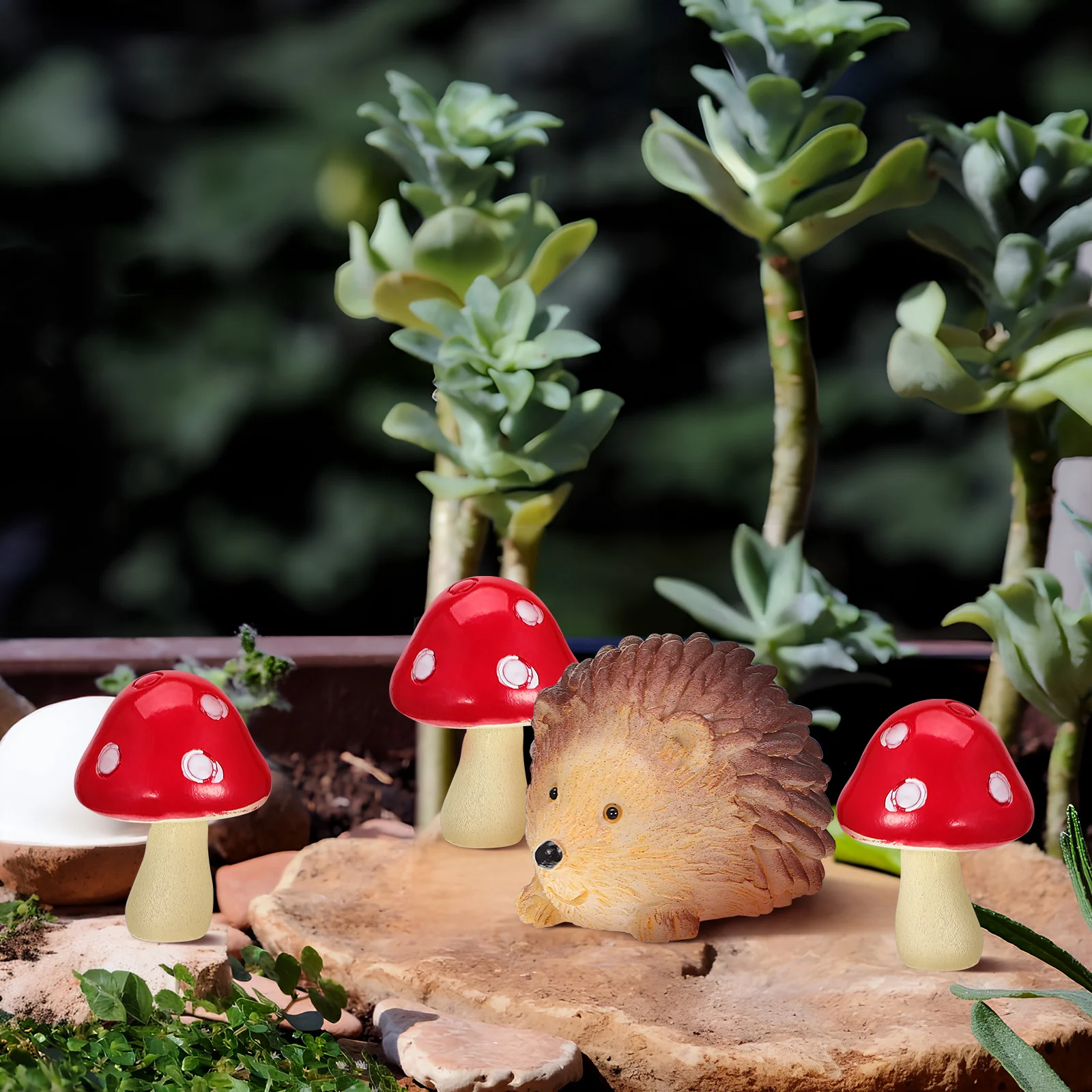 Mushroom Hedgehog Set Miniature Hedgehogs Figures Fall Decore Figurines Ornament Resin Outdoor Dollhouse Miniatures Balloon