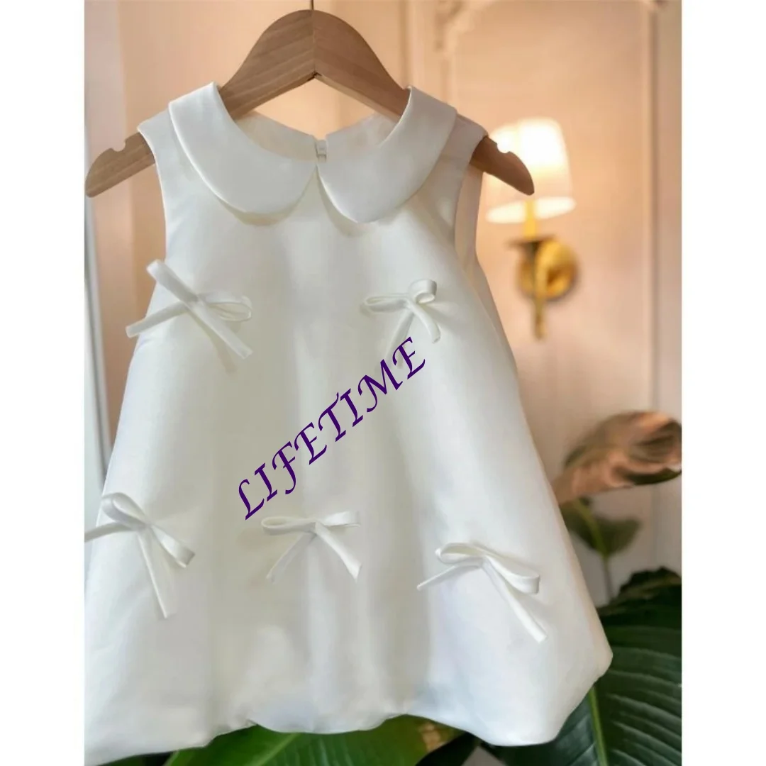 맞춤형 새 흰색 스위트 보우 여아 드레스 일상복 클래식 원넥 민소매 키즈 새틴 프린세스 가운 80-160cm 출생용