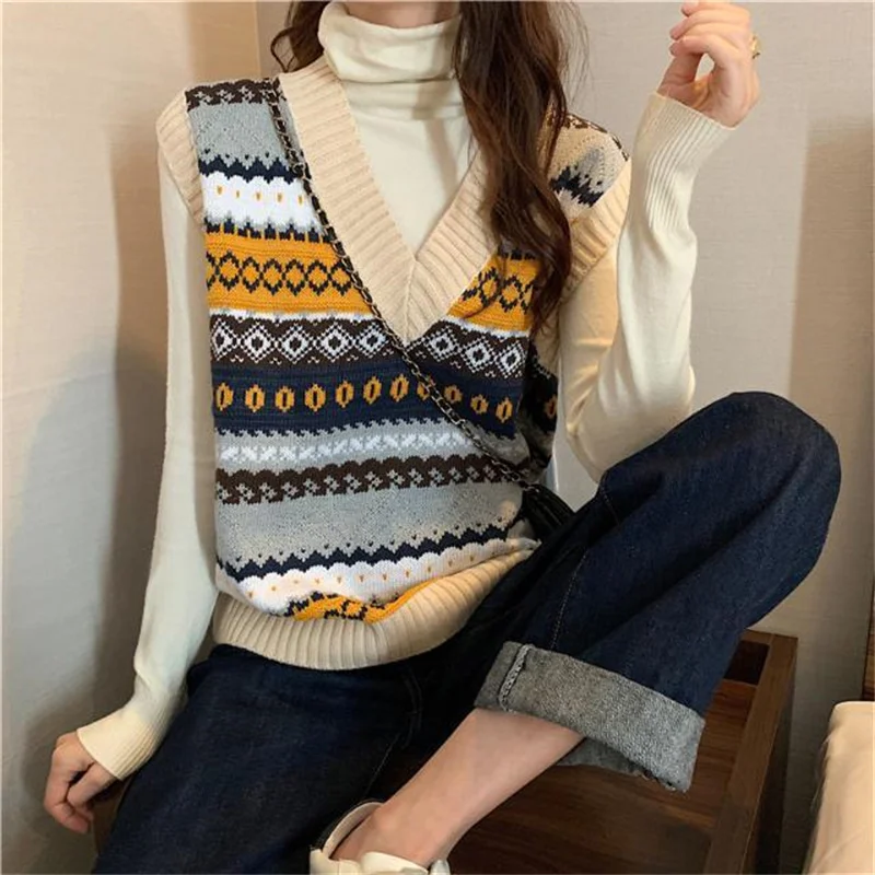 2022 Vintage Printed Sweater Vest Sleeveless Casual Outerwear Knitted Waistcoat Y2K Spring Autumn Girl Sweet Kawaii Pullover Top