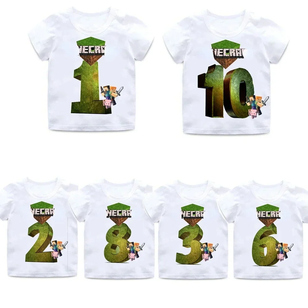 Kid Birthday Number T Shirt Cartoon Miner Crafting Pixel Tshirt Child Clothes Graphic  T-shirts Children Clothing Christmas Gift