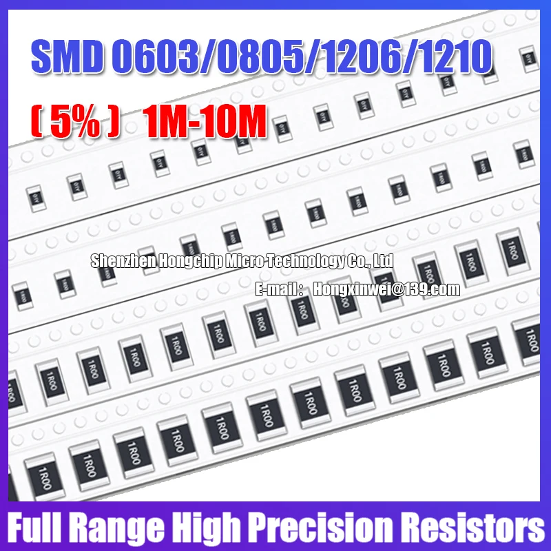 Resistores de alta precisão, alta precisão, 5%, 1m-10m, 2m, 3m, 3m, 4m, 5 m1, 6 m8, 8m2, 0603, 0805, 1206, 1210, SMD, 100 PCes