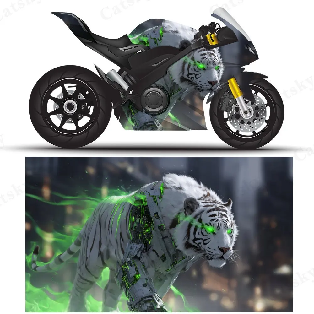 

Cyber White Tiger Motorcycle Film Stickers, Durable PVC Adhesive Decals for Motorcycle Customization, Weather-Resistant Protecti
