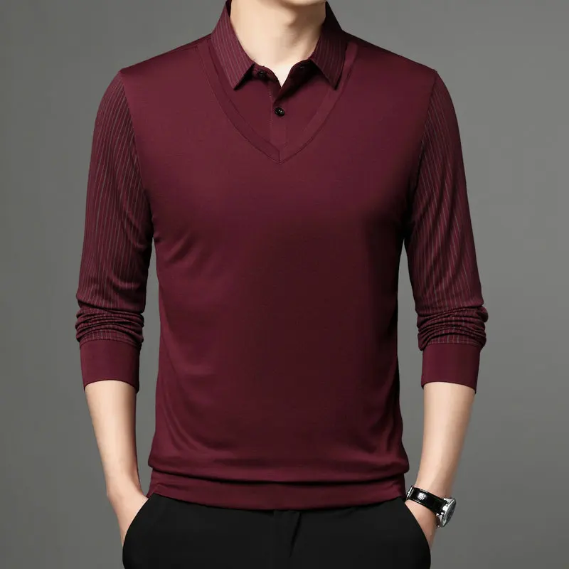 

2022 Autumn Men Smart Casual Fake 2PCS Shirts Striped Sleeve Turn Down Collar Wine Red Navy Blue Green Black Clothes Male Wear