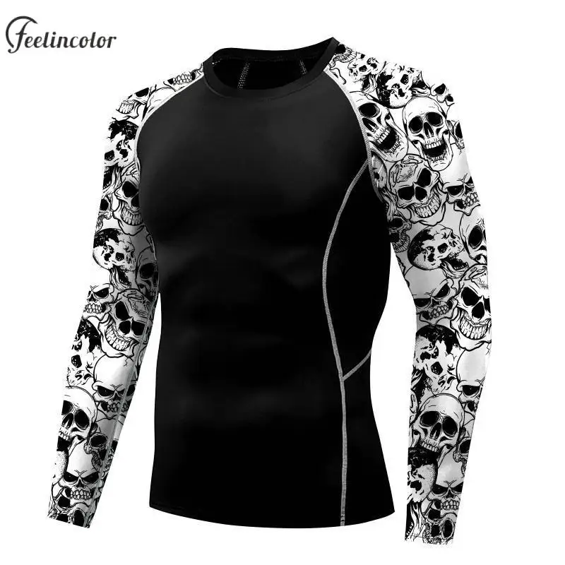 قمصان جرافيك على شكل جمجمة الهالوين للرجال ملابس صيفية للياقة البدنية وأكمام طويلة تي شيرت مضغوط للرجال ملابس رياضية قابلة للتنفس