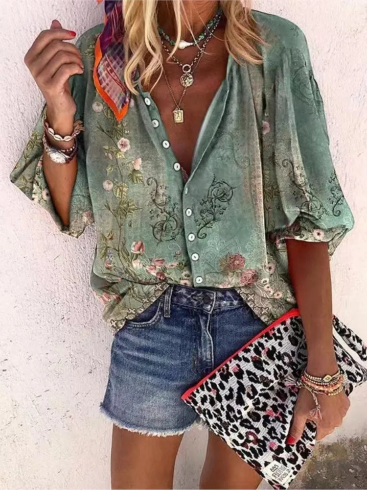 Women\'s Shirts & Blouses Spring Summer New Fashion Vintage Printed Casual Vacation Bohemian Style Lady Single-breasted Shirt Top