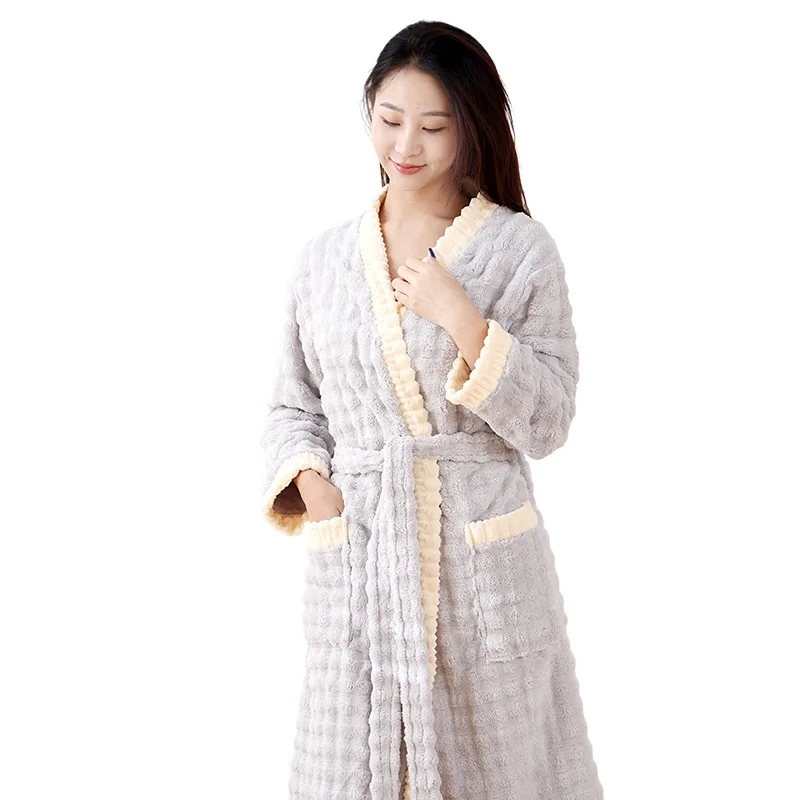 Fall Winter Coral Fleece Women's Bubble Thickened Fleece Cold-proof Bathrobe Cloud Grid Pajamas Simple Casual Splicing Nightgown