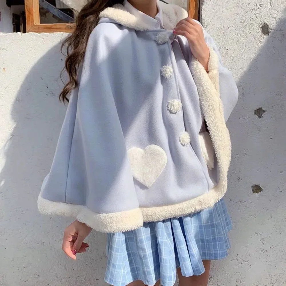 Autumn Winter Kawaii Girl Lolita Cape Coat Faux Fur Cardigan Cat Ears Plush Cloak Women Cute Pink Hooded Poncho Sweet Overcoats