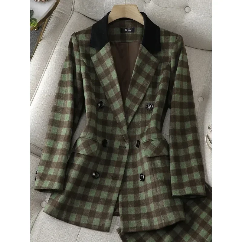 Autumn Winter Thick Loose Blazer Women Green Apricot Plaid Female Long Sleeve Triple Breasted Straight Jacket Coat Ladies