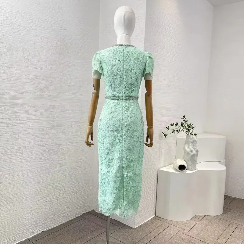 Summer 2024 New Women Midi Dress Mint Green Short Sleeve Lace Patchwork Square Neck Diamond Chain Decoration Slim Fit Party Gift