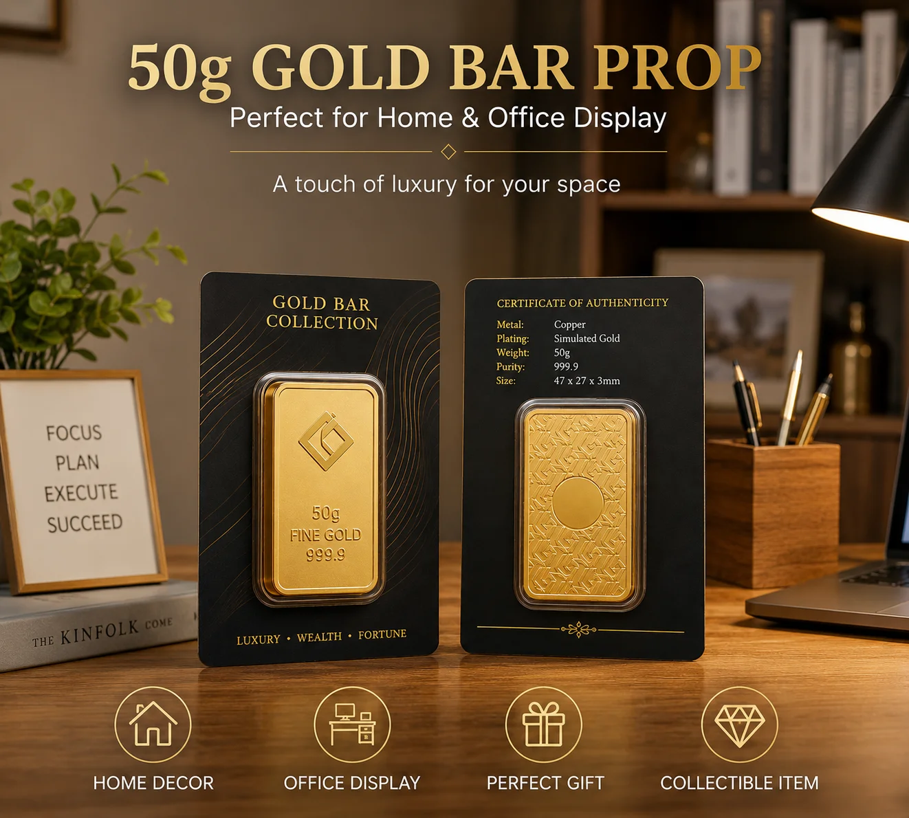 50g /100g Gold Bar Prop Replica,Simulated Gold Plated Copper Gold Bar,Collectible Display Ornament for Home & Office