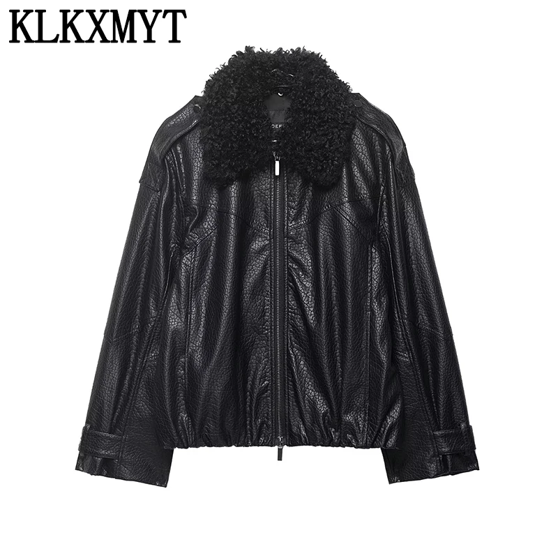 

KLKXMYT 2026 Women's Street Fashion Leather Jackets For Women Long Sleeves Lamb's Wool Lapel Coat New Casual Bomber Jacket Coats
