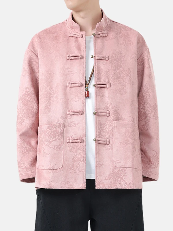 

Новая мужская повседневная куртка в китайском стиле, осенняя, ветрозащитная, с драконьим узором, винтажное пальто Zhongan, на пуговицах, с воротником-стойкой, модная