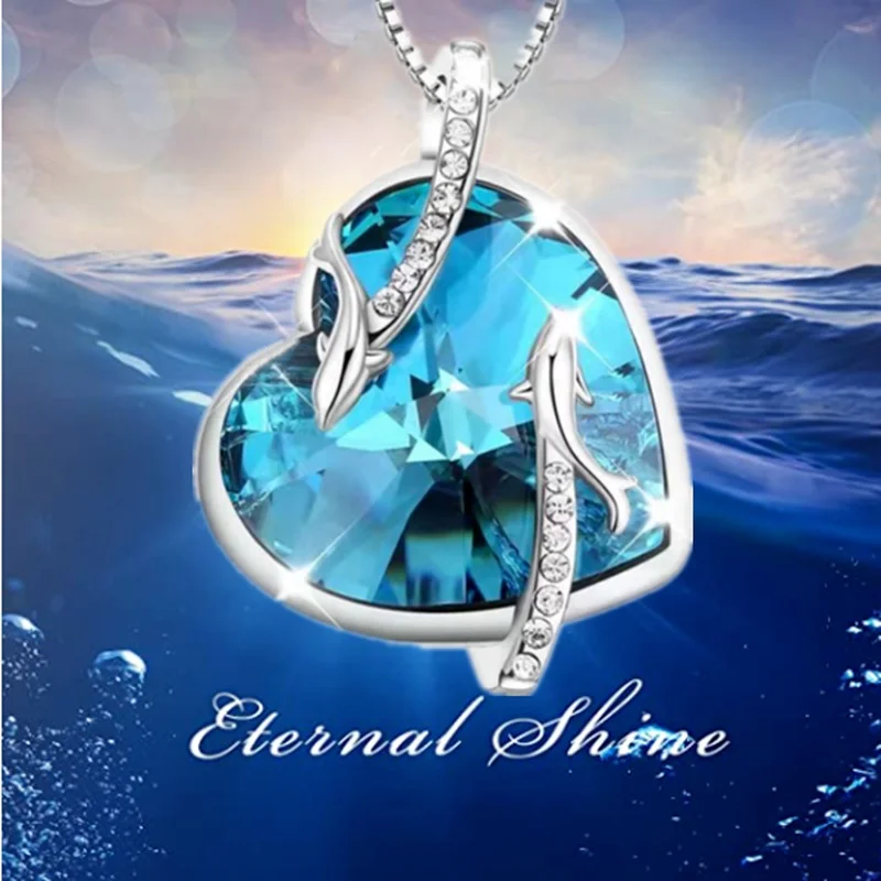 Fashion Dolphin Necklace Heart Sapphire Zircon Crystal Pendant Engagement Necklaces for Women Animal Jewelry Anniversary Gift
