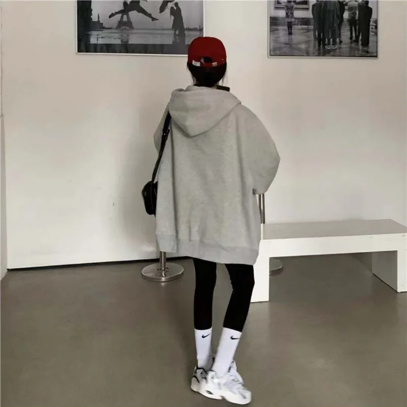 Women Simple Loose Casual Solid Color Hoodies Black Grey Vintage Oversize Sweatshirts Spring Autumn Sport Jackets Korean Fashion