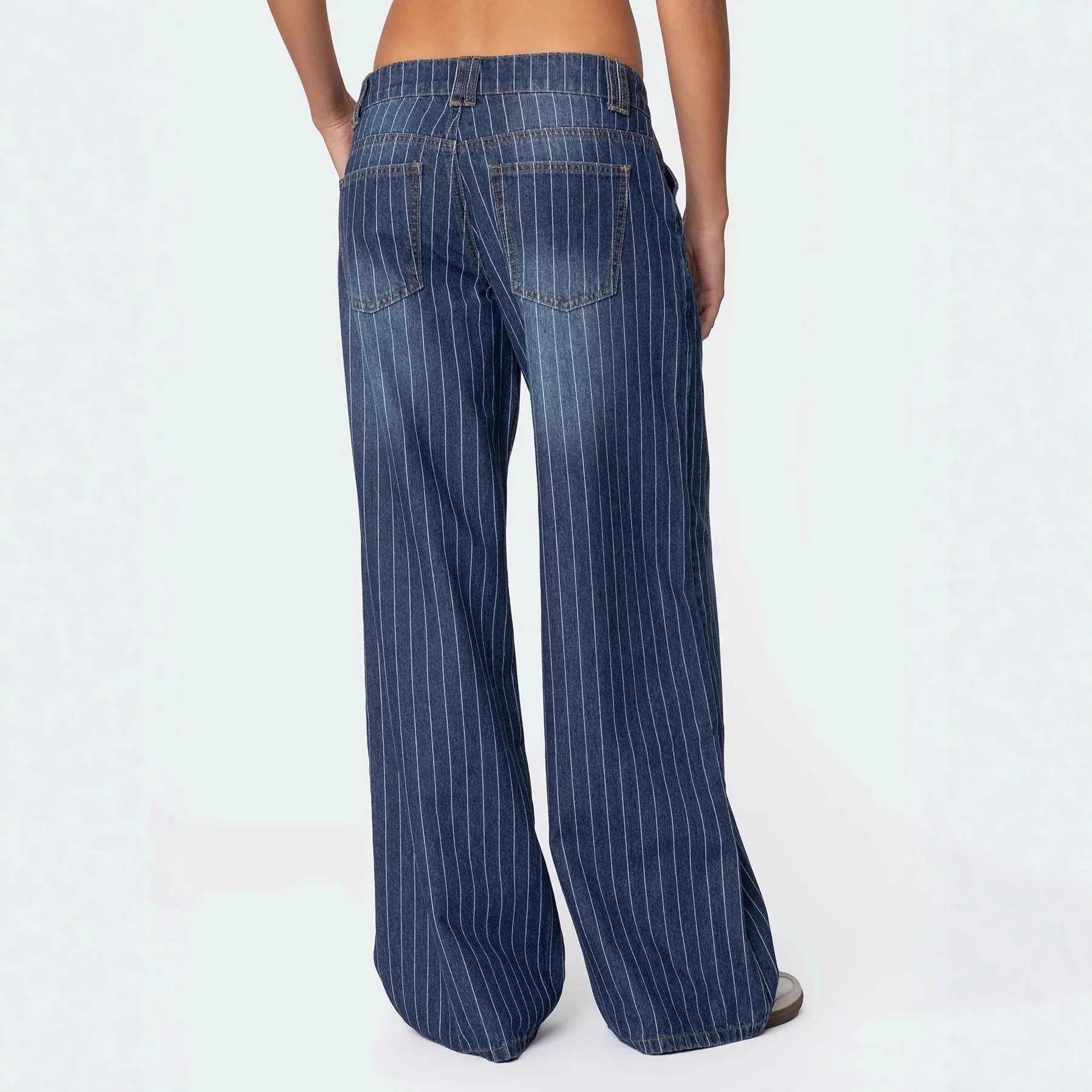 Blue Vertical Jeans Women's Wash Casual Loose Wide-leg Trousers Striped Straight-leg Trousers