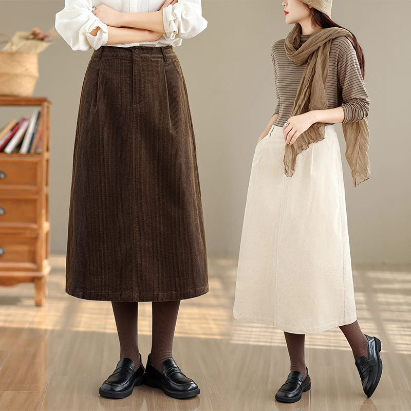 

Caramel Retro Corduroy A-Line Skirt Women's Autumn Winter Texture Loose Personali Pure Color Slimming mid Waist Design