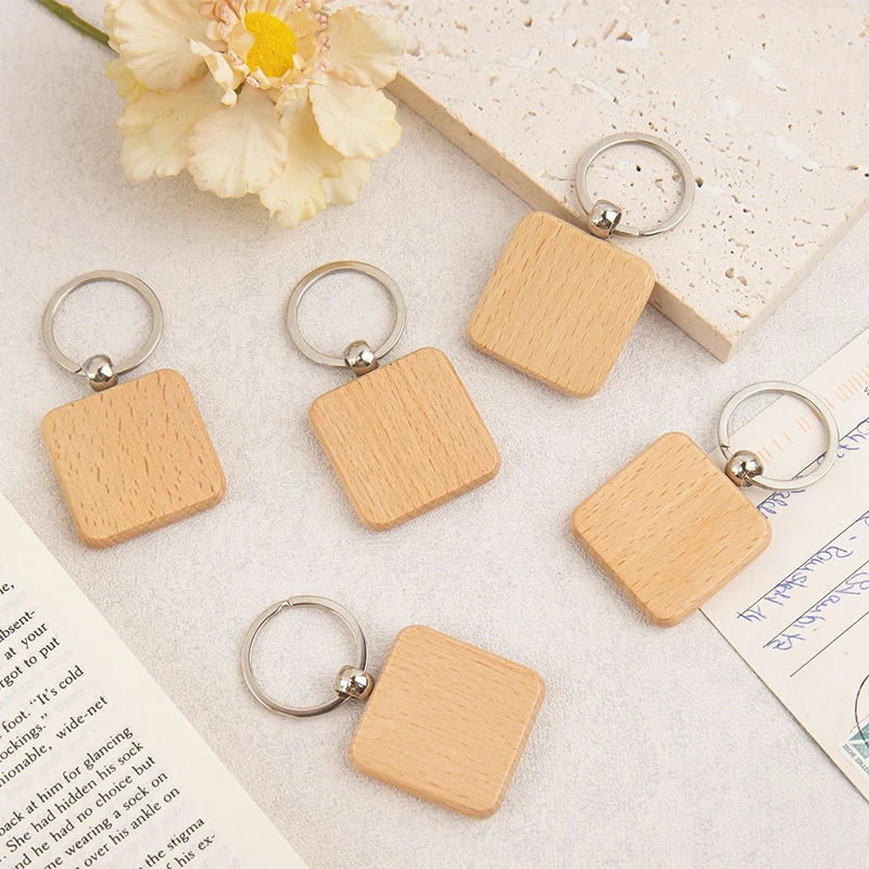 50Pcs DIY Blank Wooden Keychain Square Key Ring Wooden Key Ring