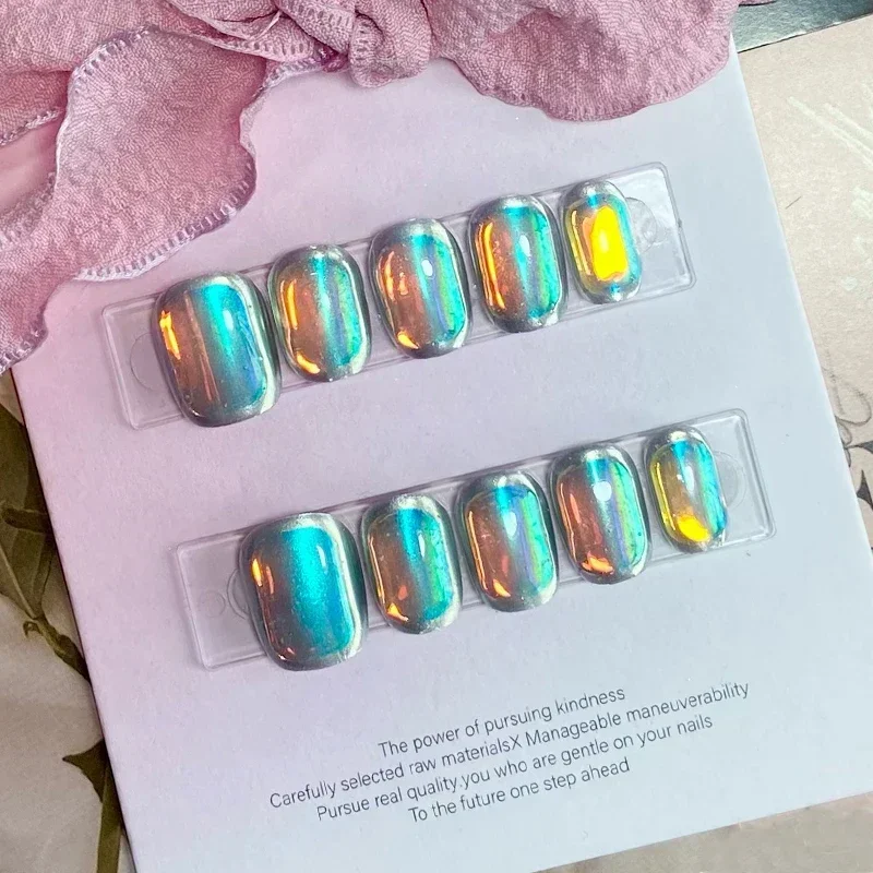 10pc Aurora Short Square Head Handmade Fake Nails Cute Colorful Simple Glitter Press on Nail Detachable Full Cover Nail Tips Art