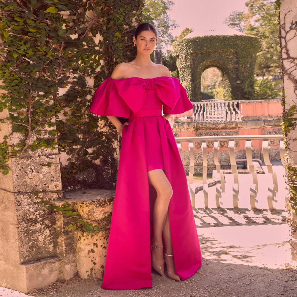 

Elegant Fuchsia Satin Short Women Dresses With Detachable Train Cute Bow Women Engagement Party Dress
