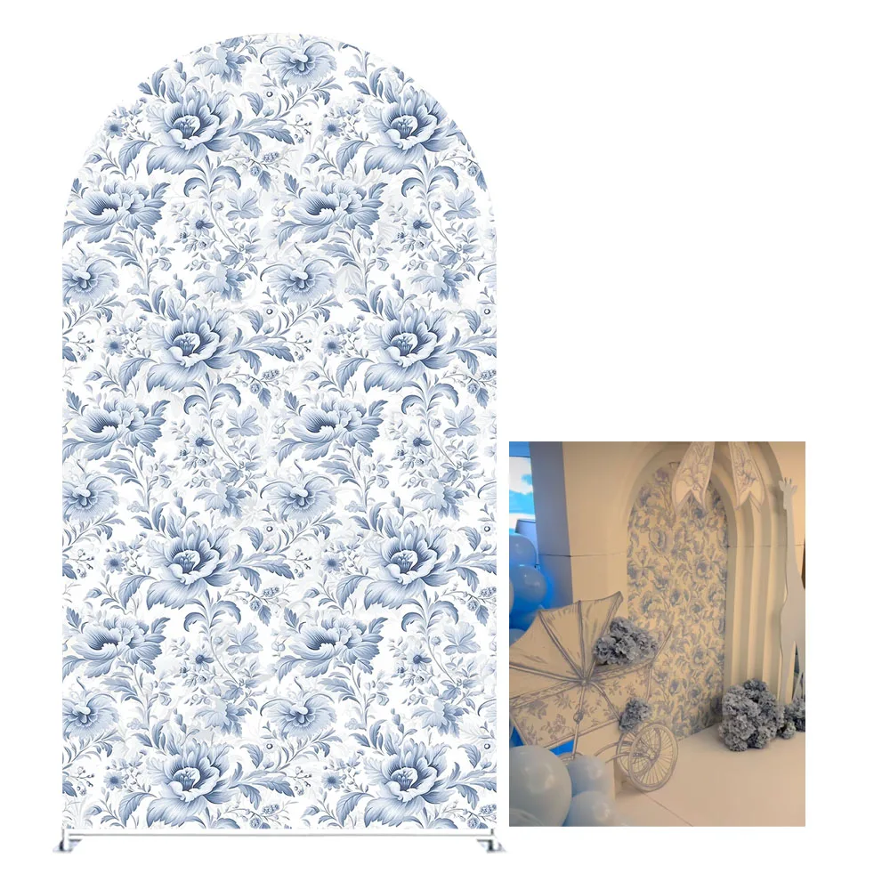 

Vintage French Toile Arch Backdrop Cover Bloom Blue Flower Arch Stand Spandex Covers for Birthday Elegant Party Decoration