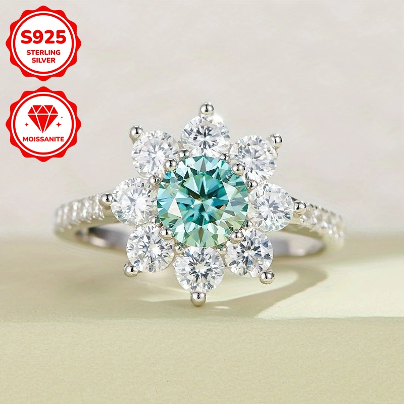 

1pc 1Ct Sunflower Blue-green Moissanite Ring, S925 Silver Classic Ring, Valentine's Day Gift Moissanite Ring, for Friend Family.