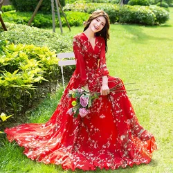 2024 New Waist Over Knee Beach Long Dress ins Slim Fairy Chiffon V-neck Beach Holiday Dress Blue Flower Large swing A-line Dress