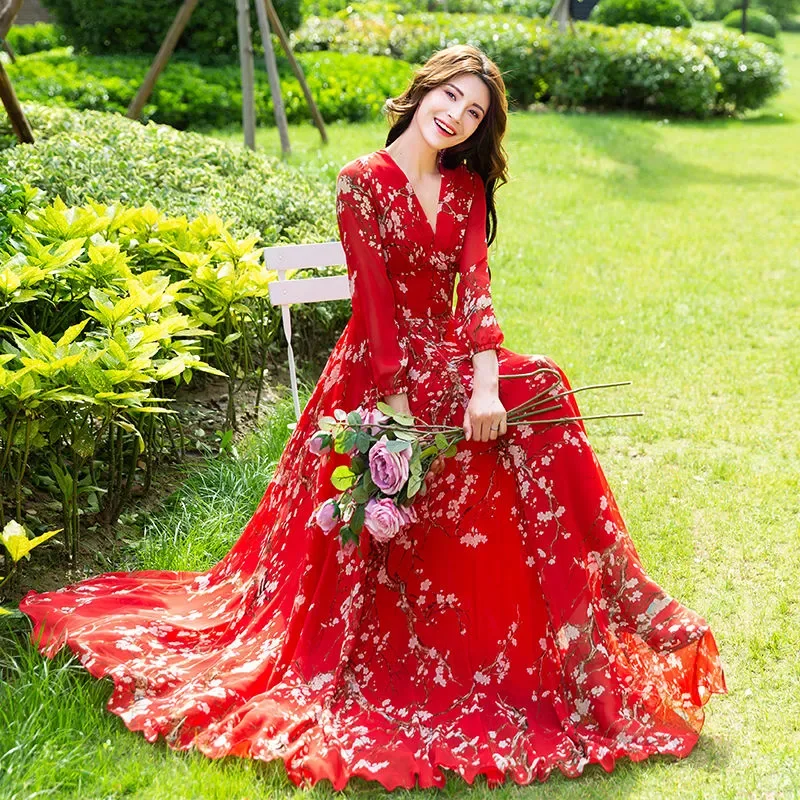 2024 New Waist Over Knee Beach Long Dress ins Slim Fairy Chiffon V-neck Beach Holiday Dress Blue Flower Large Swing A-line Dress