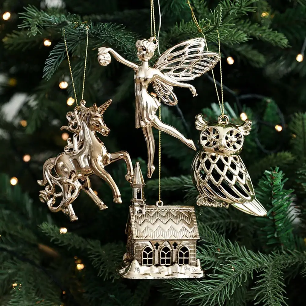 

Plastic Christmas Gold Plating Hanging Pendant Elk Snowflake Angel Xmas Pendants Decorative Butterfly Christmas Tree Ornaments
