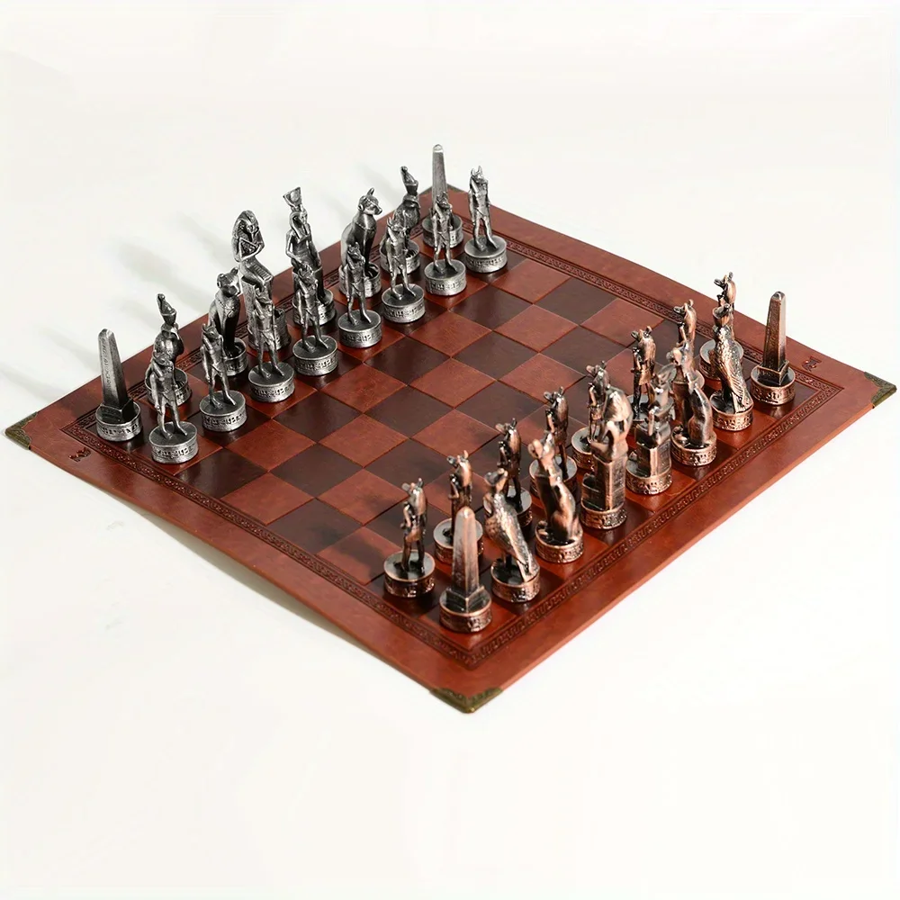 32 Pcs Metal Egypt Theme Characters Chess Metal Solid Color Artificial Leather Chessboard Table Game Toys Entertainment