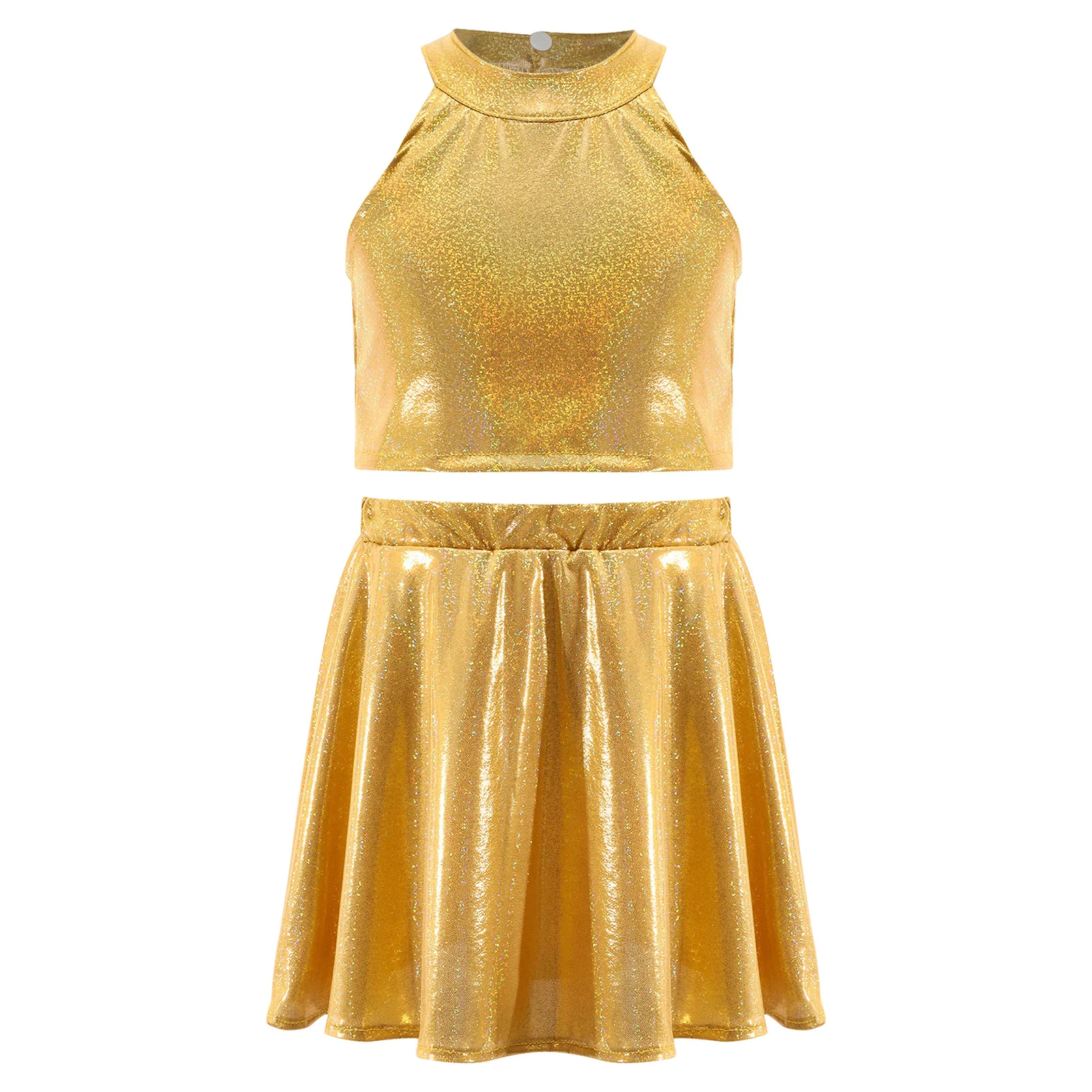Metallic Sleeveless Vest And Skirt Set for Kids Girls Stage Pageant Performance Costume for Cheerleading Chorus Jazz Dance