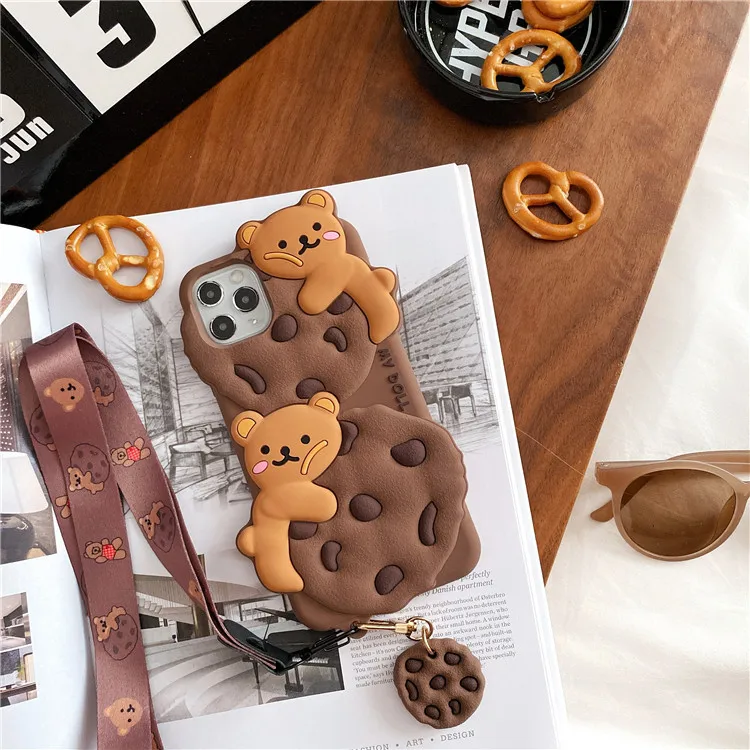 3D-Cartoon-Plätzchenbär mit Lanyard-Telefonhülle für iPhone 17 16 15 14 13 12 11 Pro Max X XR XS 6 7 8 Plus SE stoßfeste Abdeckung
