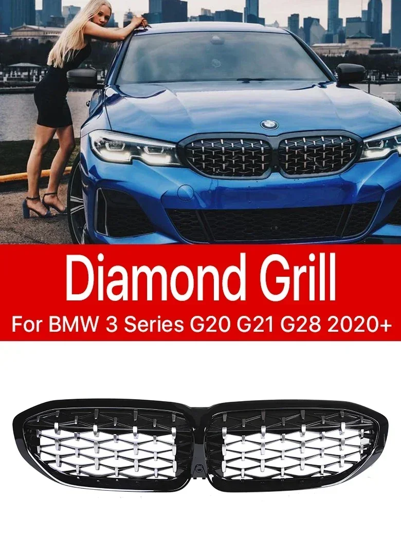 

New! Lower Front Bumper Kidney Grille Diamond Chrome Black Grills Cover For BMW 3 Series G20 G21 G28 2019 2020 2021 2022 330i 34